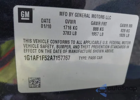 2010 Chevrolet Cobalt Lt из США, поврежденный, VIN 1G1AF1F52A7157767